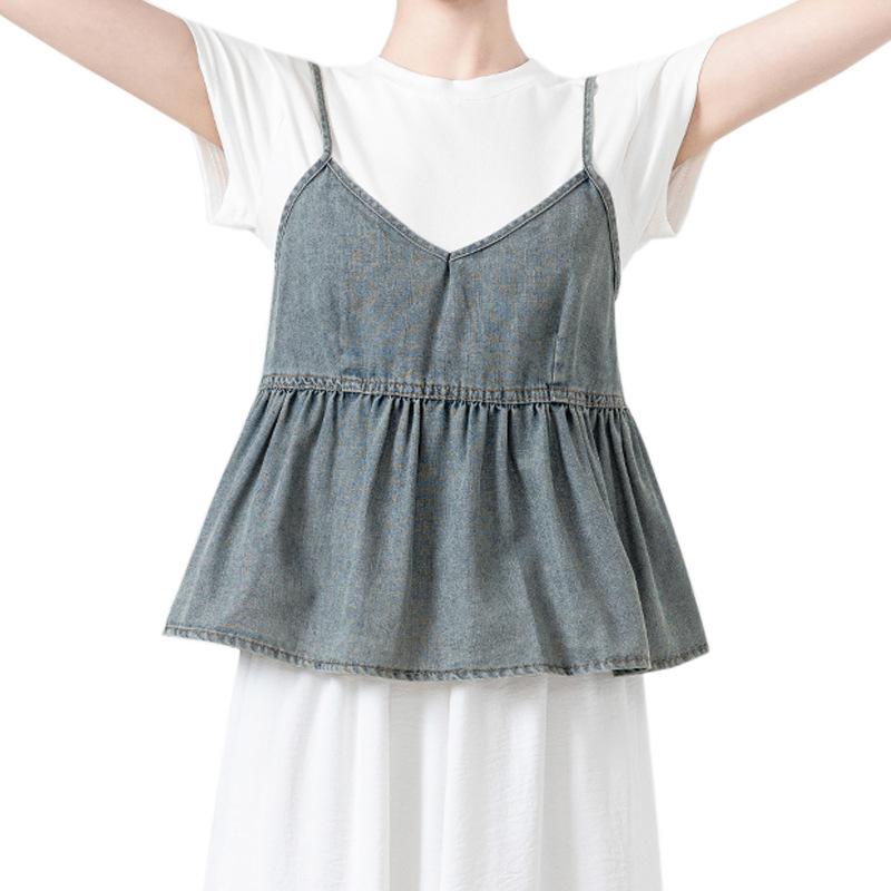 Стильная элегантность, мода, женский повседневный жилет, плиссированный дизайн, свободная джинсовая майка с V-образным вырезом, летние шикарные оборки, топы без рукавов для женщин