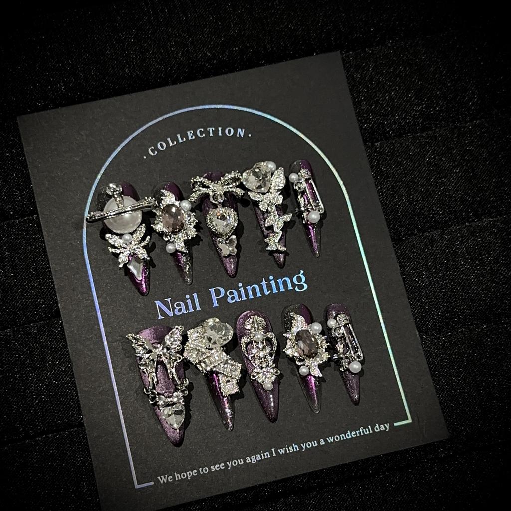 Роскошные накладные ногти ручной работы, длинные, миндалевидной формы, с французским кончиком, блестящие, искусственные ногти, дизайн с 3D стразами, акриловые ногти, многоразовые наклейки для женщин