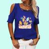Women Off Shoulder Tee Shirt Fashion Round Neck Floral Print Top Ladies Casual Short Sleeve T-shirt