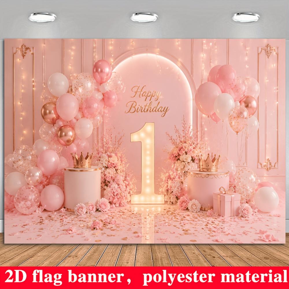 2D planar flag 1 piece 2D flag Pink 1st birthday theme background, can be used as a photo backdrop or wall decoration