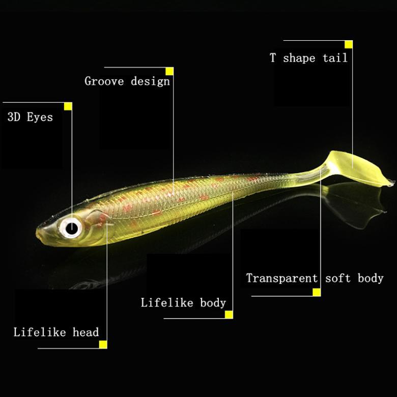 5 шт./лот, красочный воблер, мягкая приманка с Т-образным хвостом, 9 см, 5 г, задняя канавка, приманка для плавания, радуга, мягкие рыболовные приманки