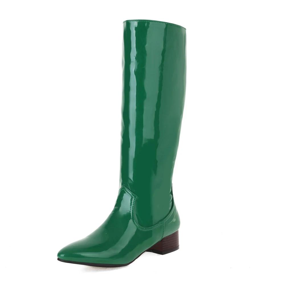 Модные осенне-зимние женские сапоги на квадратном каблуке, высокие до колена, с острым носком, из лакированной кожи, удобные на низком каблуке, для вечеринки, платья, танцев
