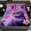 3 шт. 100% полиэстер Милый мультяшный принт кошки Комплект простыней на резинке Украшение для спальни, Фиолетовый цветочный узор «Звездное небо» Комплект постельного белья