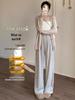 Petite Oatmeal Wide-Leg Pants for Women - High Waist, Drapey, Loose Fit, Floor-Length for Spring and Autumn.