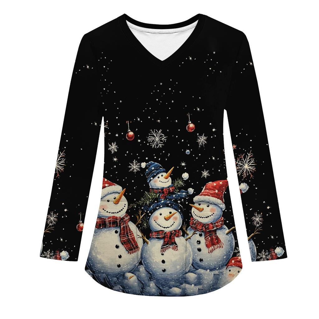 Женская модная рабочая одежда с V-образным вырезом, длинным рукавом и карманом, рождественский принт, футболка, топ