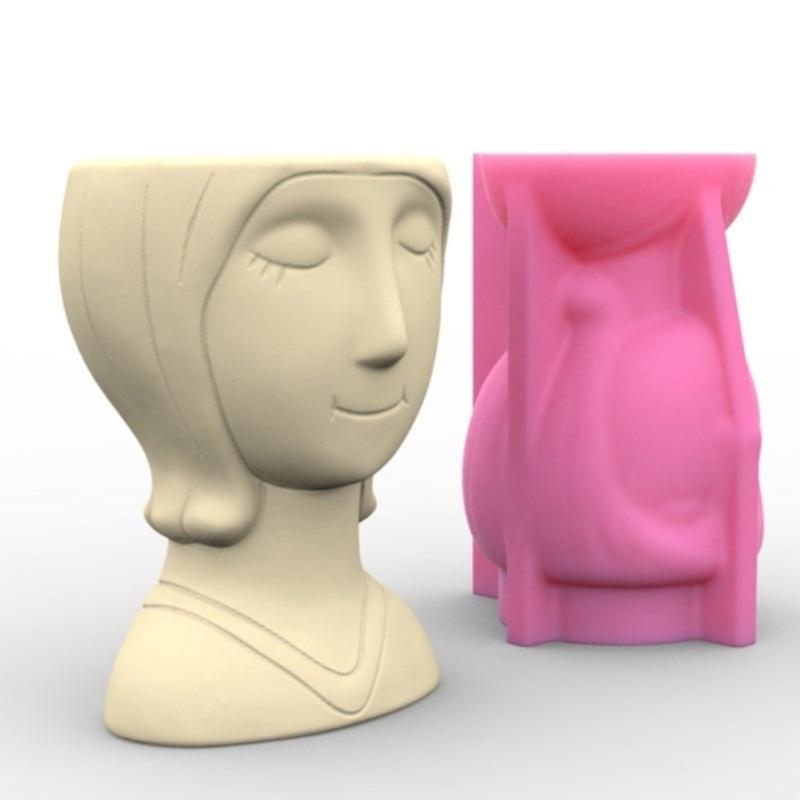 Succulent Plant Silicone Mold Short Haired Girl Flower Pots Mould Practical Concrete and Gypsum Mould for Floral Planter