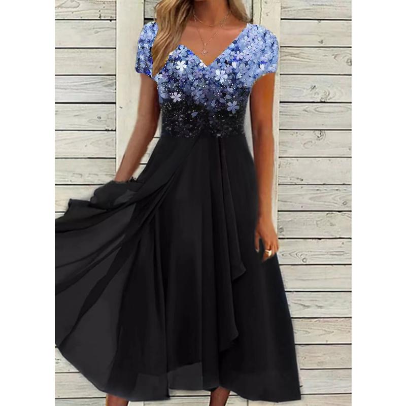 Европейская и американская летняя новая женская одежда, повседневное модное платье, шифоновое платье с v-образным вырезом и принтом