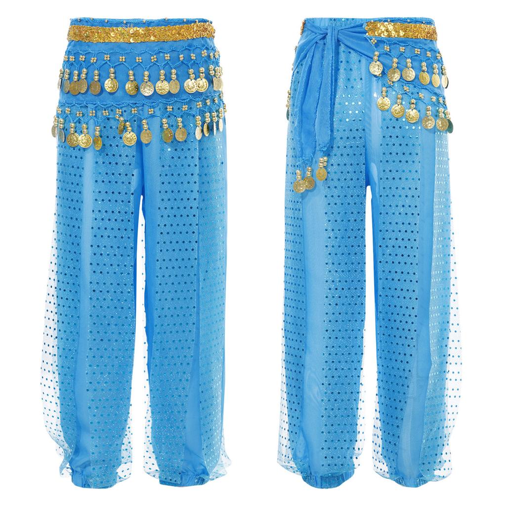 Kids Girls Belly Dance Performance Pants Sequined Dots Chiffon Trousers Bloomers with Tassels Waist Chain Hip Scarf