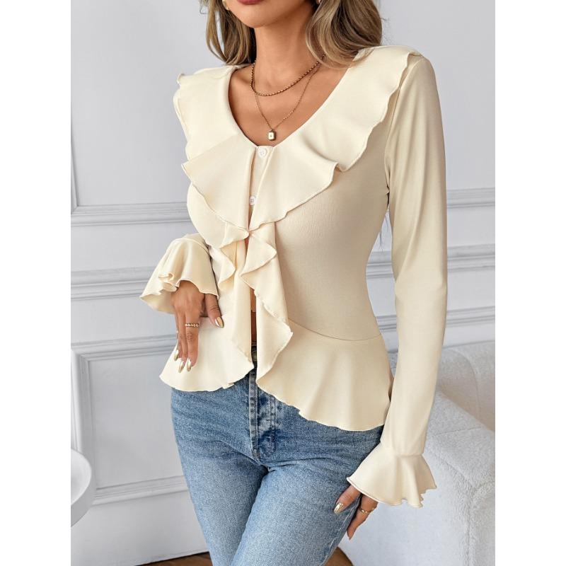 Women S Sweet V Neck Petal Sleeve Slim Fit T Shirt