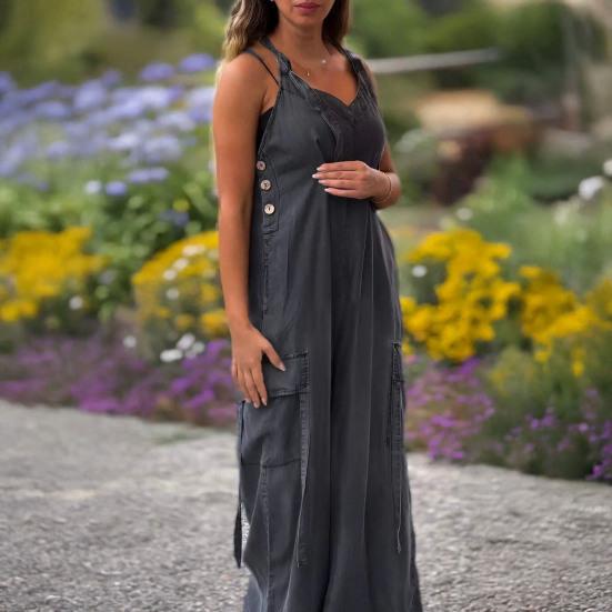 Женские свободные комбинезоны Комбинезоны с регулируемыми лямками Мешковатые комбинезоны Повседневный комбинезон с широкими штанинами и карманами Бохо Струящиеся брюки-палаццо