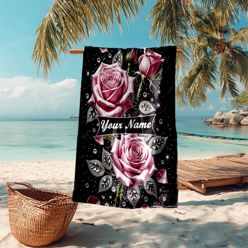 1PC Custom Name Roses Diamonds Sparkle Beach Towel Highly Absorbent And Sand-Resistant Towel for Swimming, Pool, Yoga, And Travel Lightweight