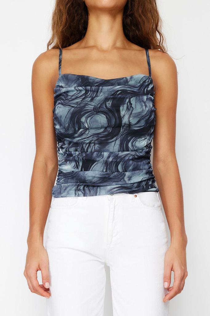 Женская модная трикотажная блузка из эластичного тюля с регулируемыми бретелями с принтом индиго и кружевным воротником