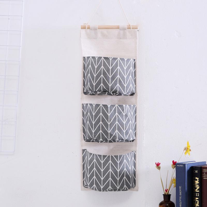 Three Pockets Hanging Wall Storage Bag Household Bedroom Living Room Kitchen Cotton Linen Storage Bag