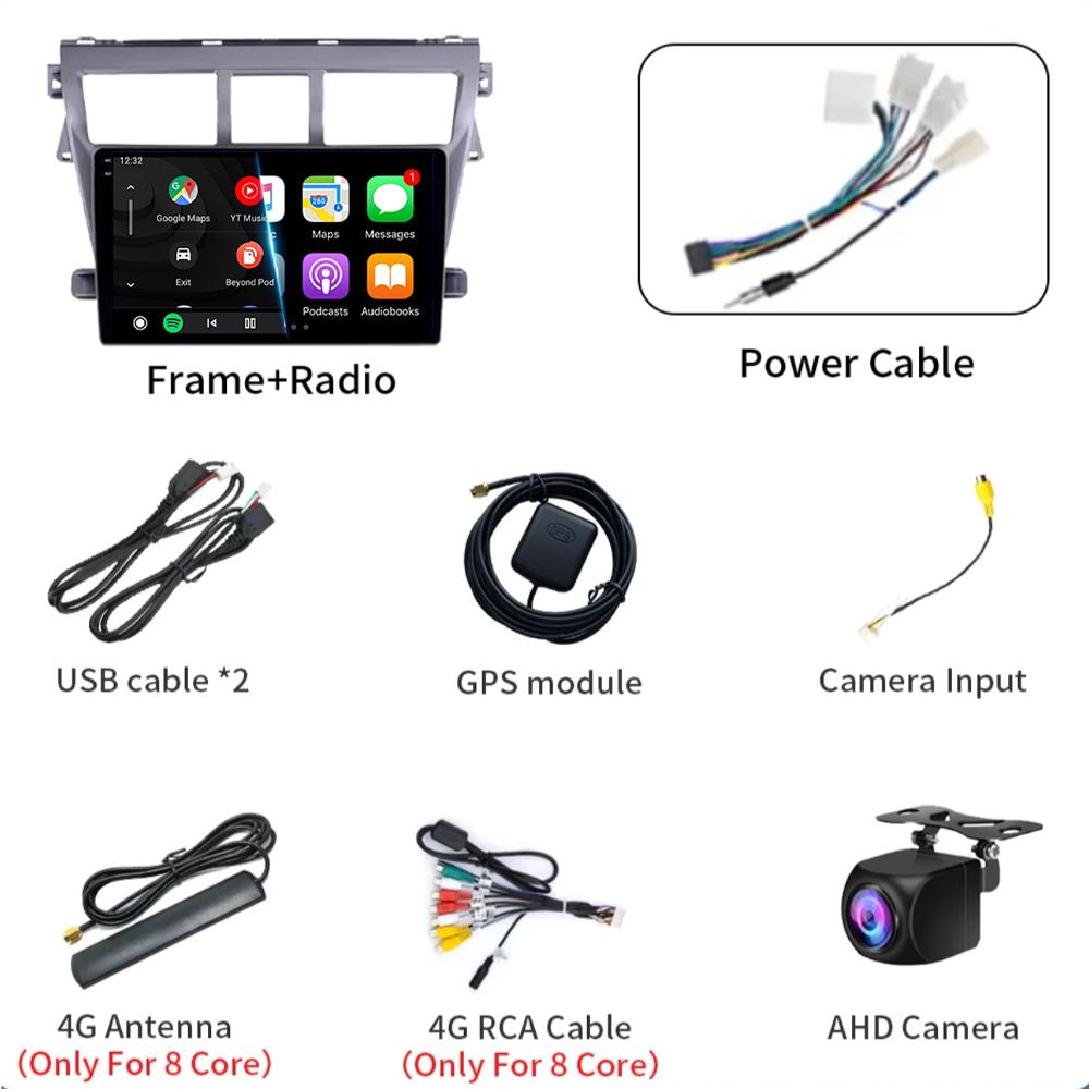 Для Toyota Vios Yaris 2007 2008 - 2012 9-дюймовый автомобильный стерео радио мультимедийный видеоплеер Android 14 Auto Carplay GPS навигация