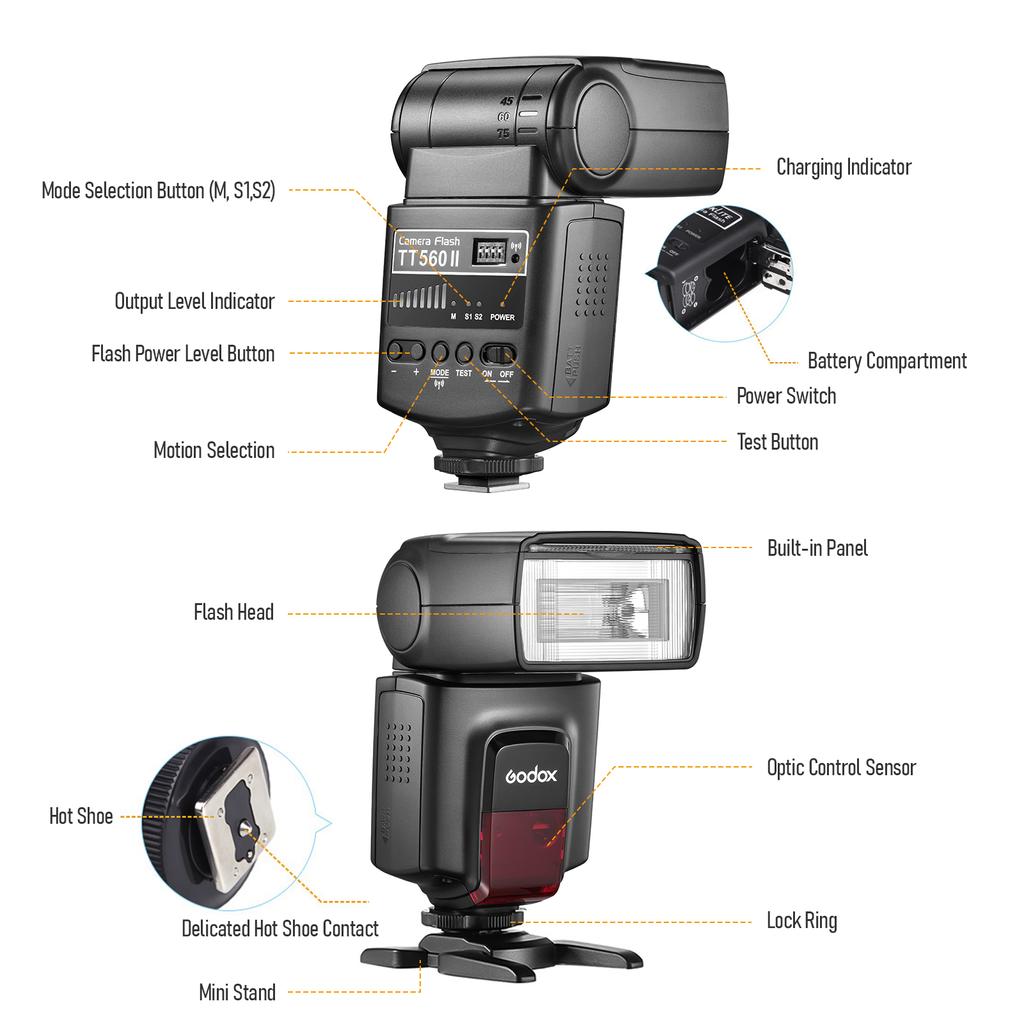 GODOX TT560II Universal On-Camera Flash Electronic Speedlite GN38 Standard Hot Shoe 2.4G Wireless