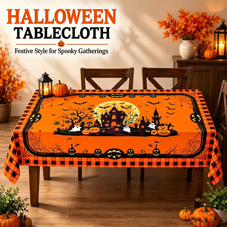 Halloween Tablecloth Rectangular 152cm Wide Pumpkin Ghost Bat Haunted Castle Printed Table Cover for Halloween Party Decor