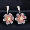 WWJ Delicate Geometric Flower Rose Red Zirconia Long Drop Earrings