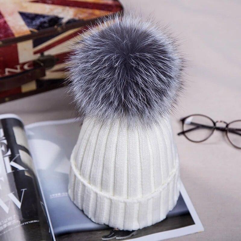 Winter Knitted Hats with Faux Fox Fur Ball Tops Women Pom Pom Beanies Warm Cap Casual Women's Fur Hat Fashion