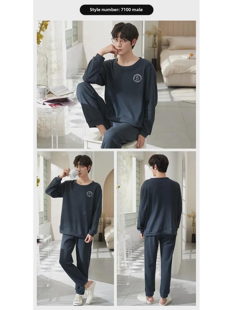 Мужская свободная вафельная пижама с рисунком из мультфильма - длинный рукав, чистый хлопок, большой размер