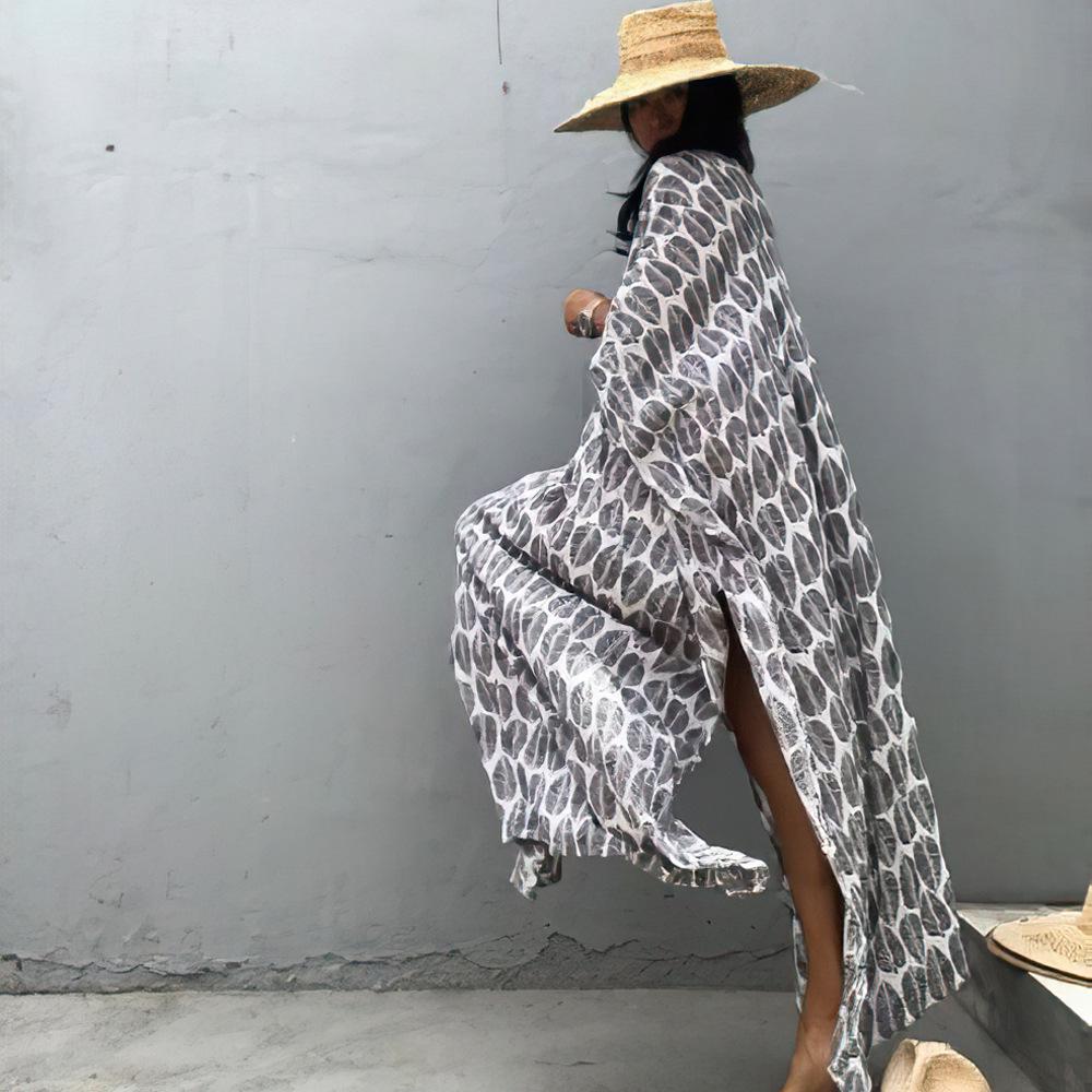 Пляжная накидка с V-образным вырезом с принтом: Свободный халат в европейском и американском стиле для отдыха на море