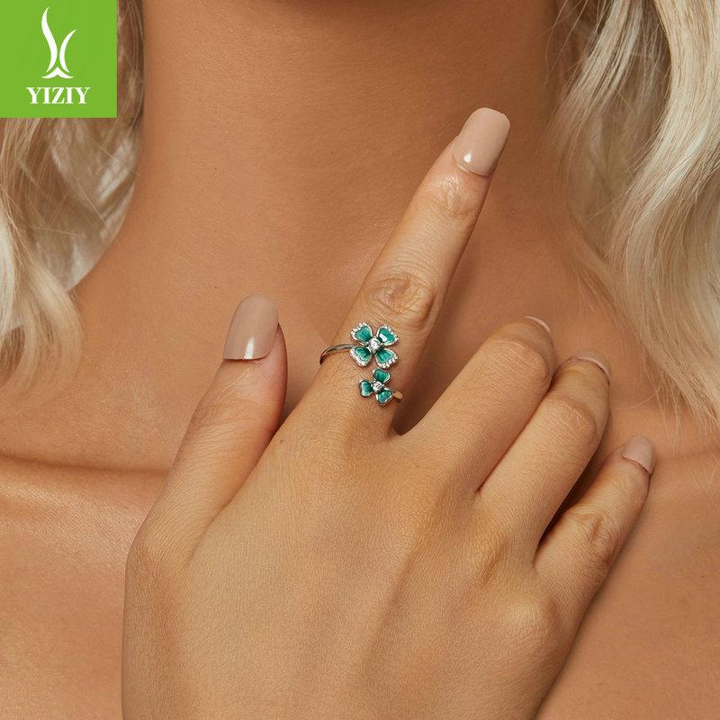 Four-Leaf Clover Open Ring For Women, Small Fresh Lucky Leaf S925 Sterling Silver Ring Jewelry