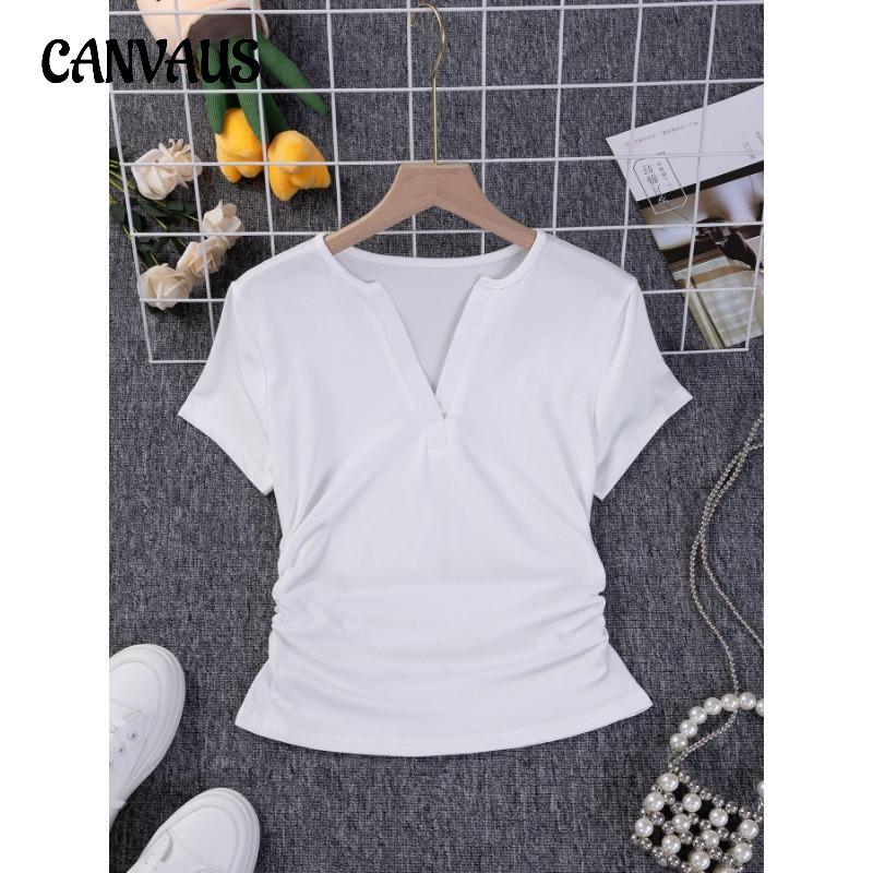 Женская футболка с короткими рукавами из эластичного хлопка однотонного цвета с защипами по бокам и V-образным вырезом на талии с застежкой-ножницами