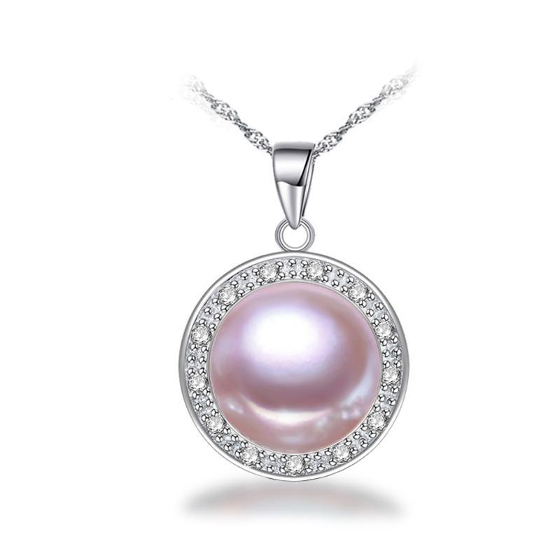 LSOOYH Round Design 10-11mm Big Natural Freshwater Pearl Jewelry Necklace Cubic Zirconia CZ Necklace
