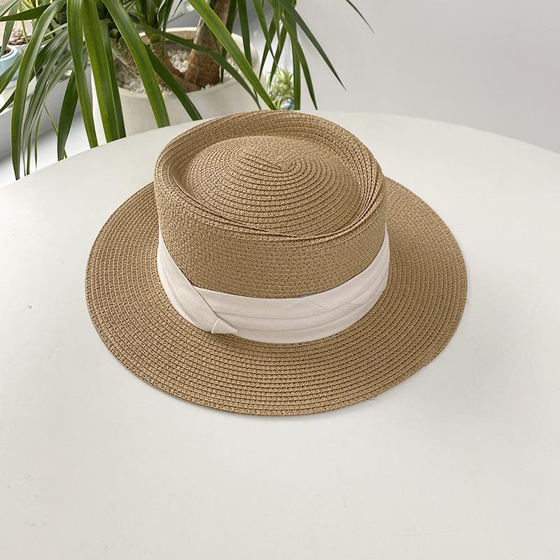 Spring Summer Flat Top Straw Hats For Women Round Bumpy Surface Fashion Bowknot Boater Cap Travel Beach Sun Hat