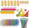 Hawaiian Party Set: 100PCS Colorful Paper Straws, Umbrella Picks, Fruit Picks, Honeycomb Pineapples, Flamingos, Firework Picks