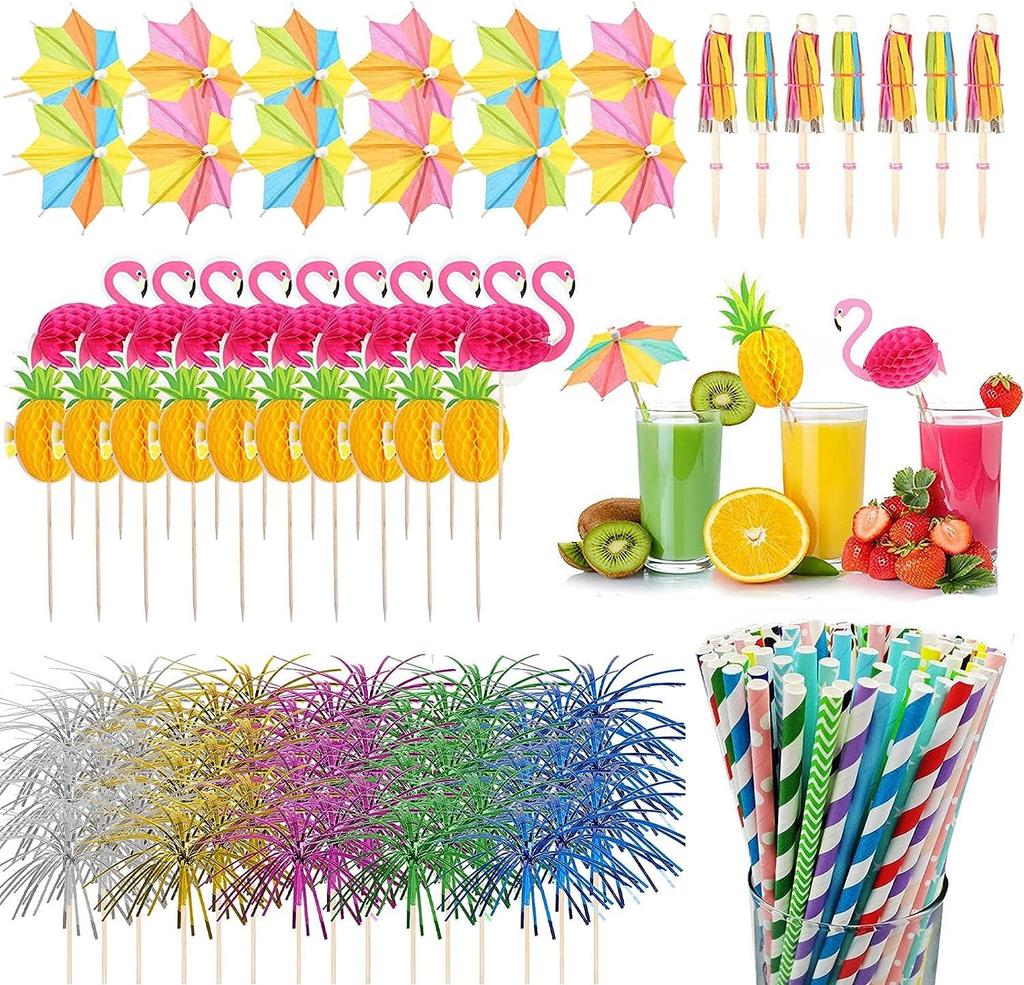 Hawaiian Party Set: 100PCS Colorful Paper Straws, Umbrella Picks, Fruit Picks, Honeycomb Pineapples, Flamingos, Firework Picks