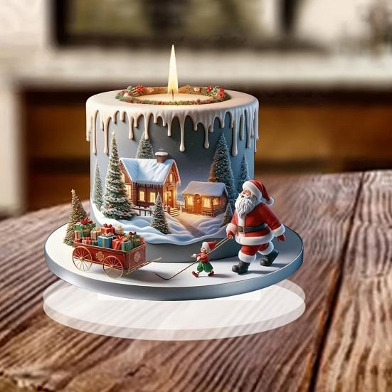 Festive Apple Shaped Ornaments Christmas Lollipop 2D Acrylic Figurine, Ornament with Santa Snow Gift for Friends Scene Inside, Tabletop Decor