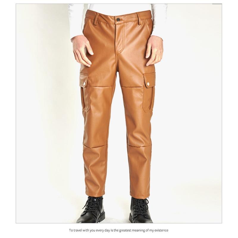 Mens Camo American Casual Thick Leather Pants Multi Pocket Windproof Waterproof Biker Trousers