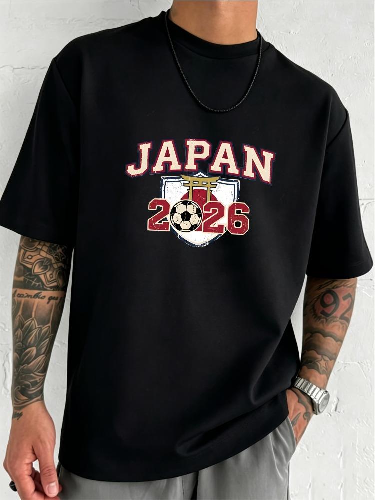 Men Japan Soccer Print Crew Neck Short Sleeve T Shirt Oversized Loose Casual Streetwear Basic T