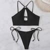 Купальник-бикини для девочек на шнуровке спереди, однотонный бюстгальтер из двух предметов, стринги с высоким вырезом, купальник для бассейна