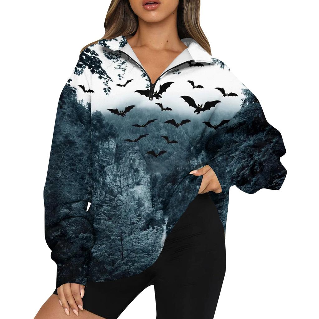 Women's Fashion Casual Long Sleeve Halloween Printed Zipper Turtleneck Drop Shoulder Sweatshirt Top