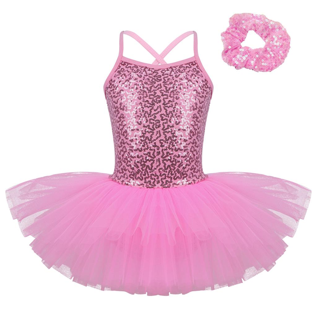 Kids Girls Ballet Dance Performance Costume Sequined Tutu Dress with Hair Tie Headwear