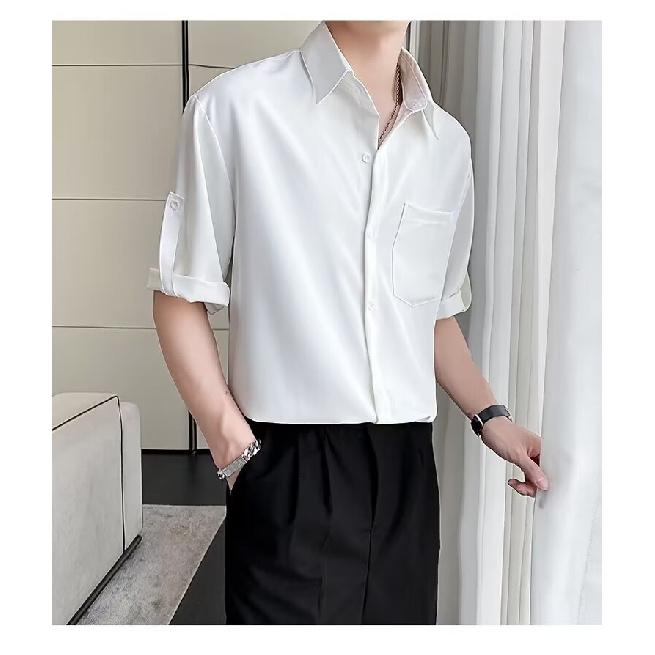 Ice Silk Short Sleeved Shirt For Men In Summer, Loose Plus Size Five Inch Sleeve Shirt, No Ironing And Wrinkle Resistance