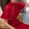 Красное кружевное женское платье Cheongsam, элегантное тонкое платье в стиле ретро с воротником-стойкой и рукавами 3/4, жаккардовое кружево Ципао, вечернее свадебное платье в китайском стиле