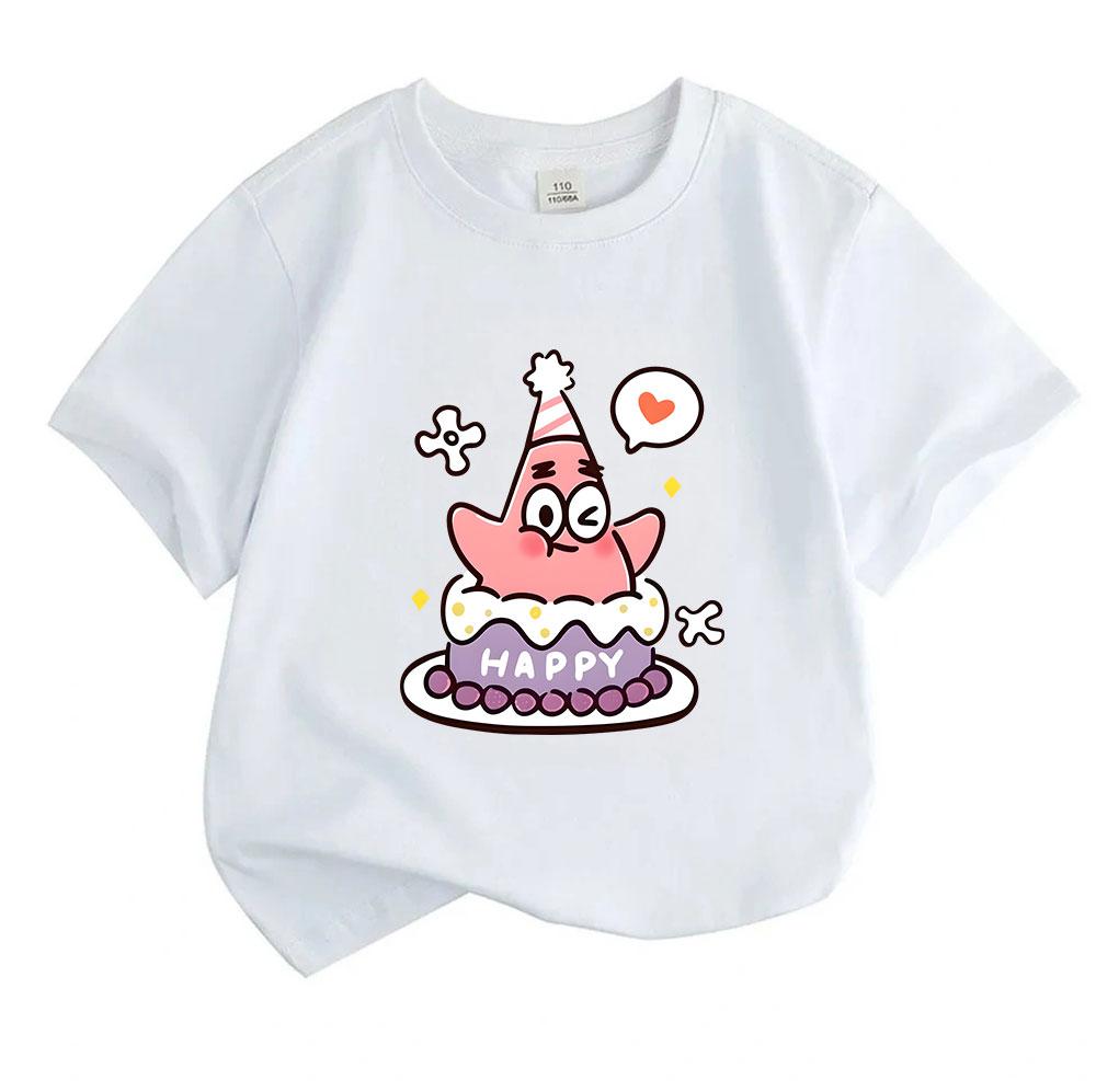 Kids Boys Girls 100% Cotton Crew Neck Short Sleeve T-Shirt, Cute Pink Star Character With Birthday Cake Party Pattern Casual Soft Tee For Daily Wear