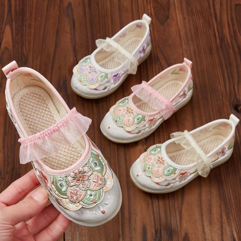 Детская обувь принцессы в китайском старинном стиле для девочек, вышитая танцевальная обувь ханьфу, модная детская повседневная обувь на плоской подошве