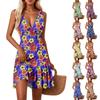 Women's V-Neck Waisted Floral Print Sleeveless Hem Spliced Dresses