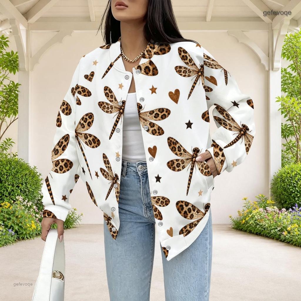 Women Plus Size Bow Print Baseball Collar Long Sleeve Jacket With Pockets