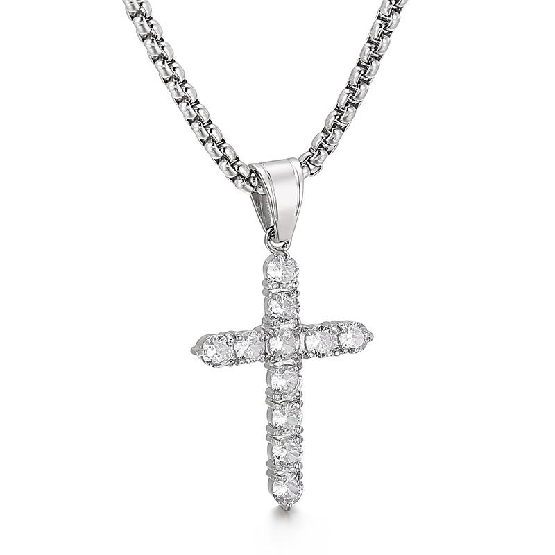 Golden Zircon Cross Pendant Jesus God Bless Stainless Steel Rock Men's Necklace Jewelry