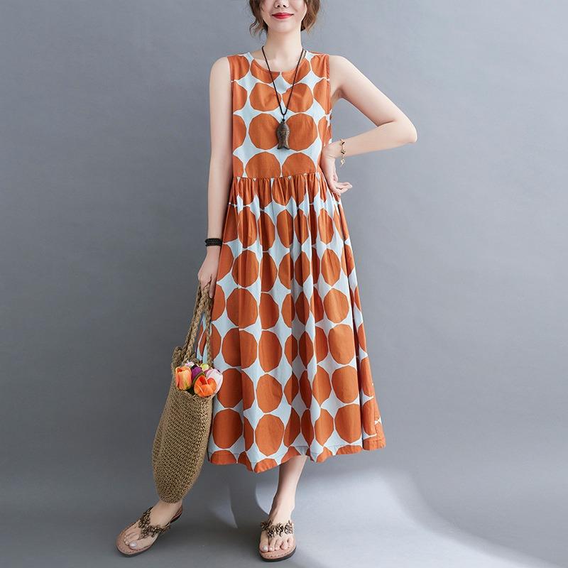 Summer Literature Loose Slimming Polka Dot Round Neck Sleeveless Dress Doll for Women Casual Dresses