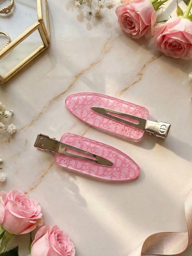 DIOR 2 Pcs Pink Transparent Logo Hair Clips Metal Alligator Barrettes Fashion Women Bangs Hair Accessories Daily Decor