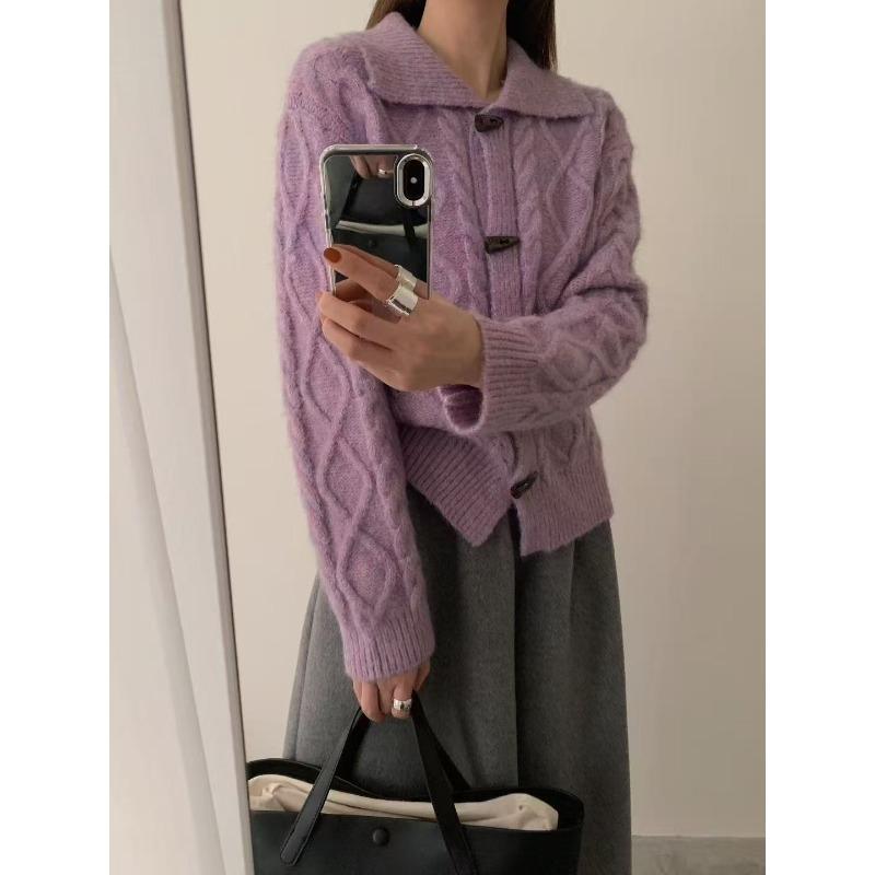 Ретро кардиган крупной вязки с отложным воротником и застежкой на роговую пуговицу, женский осенне-зимний, новый, свободный и тонкий, мягкий и восковой свитер-жакет