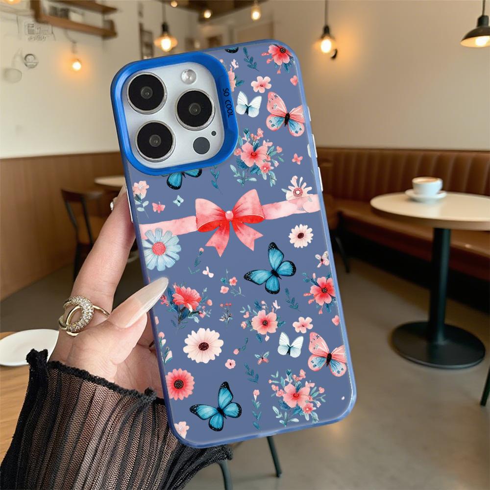 Floral Butterfly Pattern Bow Shockproof Phone Case for Iphone 16 15 14 13 12 11 Pro Max/Mini Anti-Scratch Premium Hard Cover