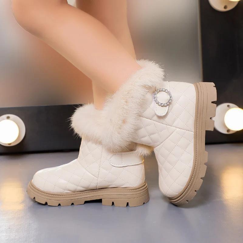 2024 Осень Новые Детские Снежные Ботинки для Девочек Элегантные Плюшевые Однотонные в Корейском Стиле Розовые Бежевые Черные Стразы Детские Ботинки