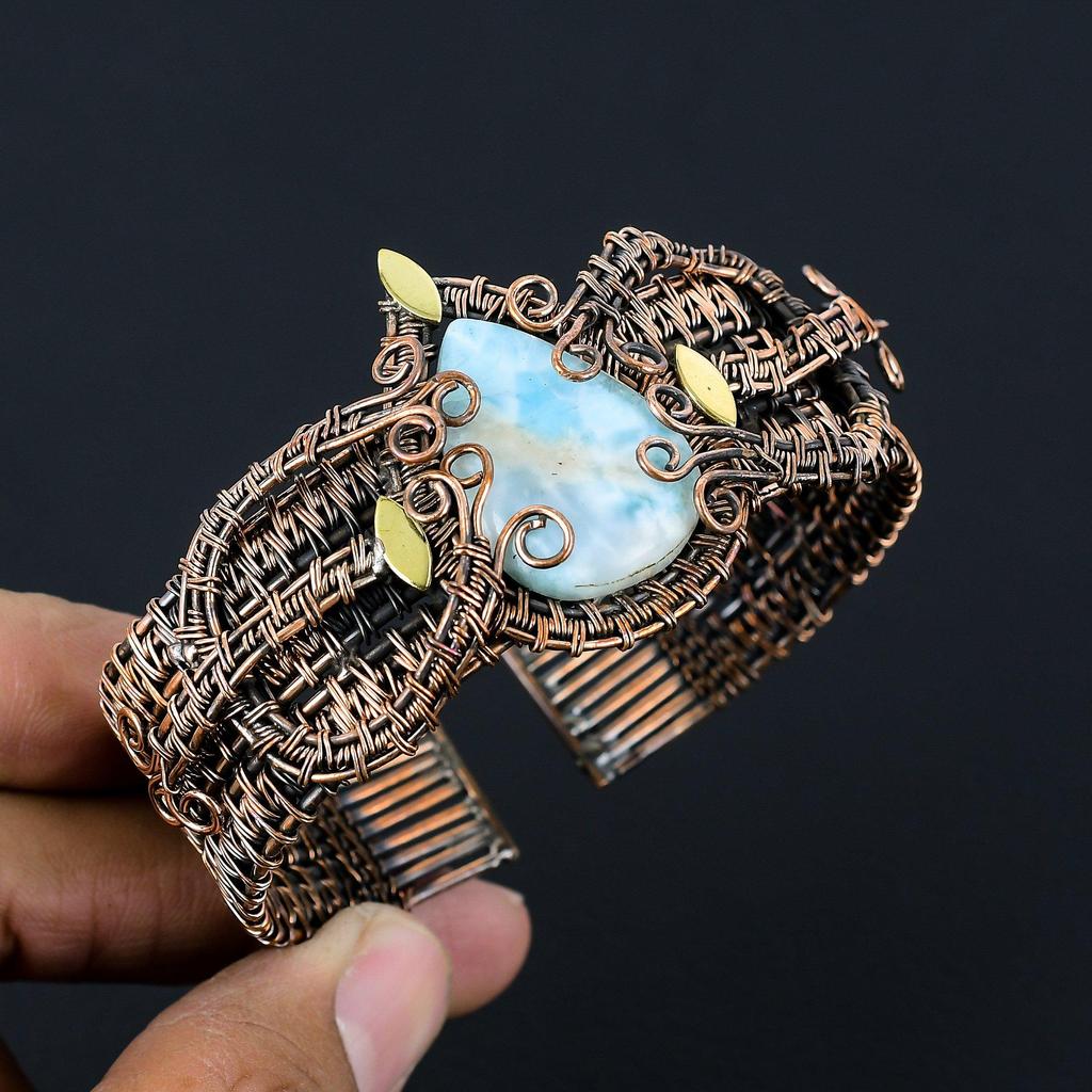 Beauteous Larimar Gemstone Handmade Copper Wire Wrap Jewelry Adjustable Bracelet For Women