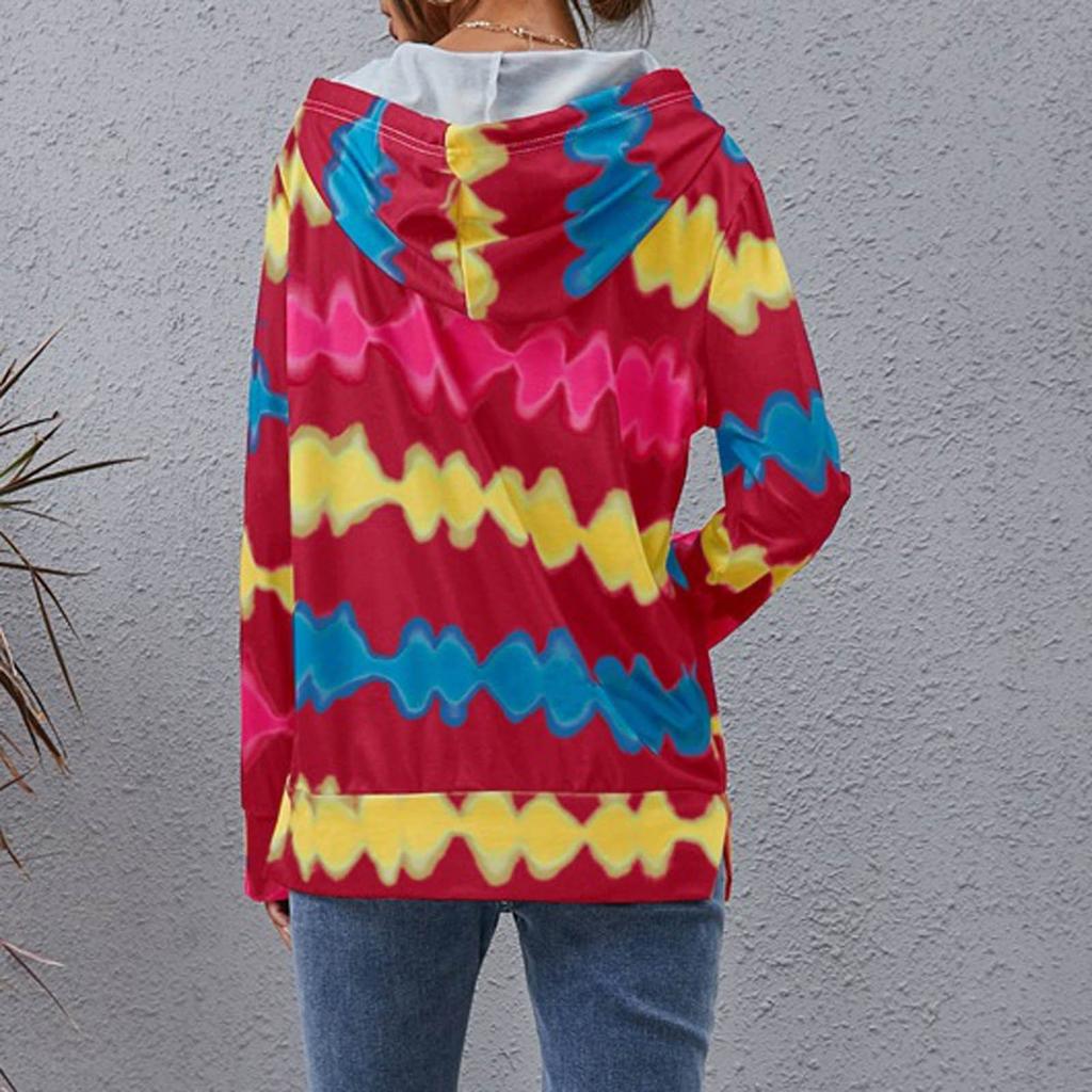 Women's Fashion Wave Printed Striped Drawstring Hooded Casual Sweatshirt Top